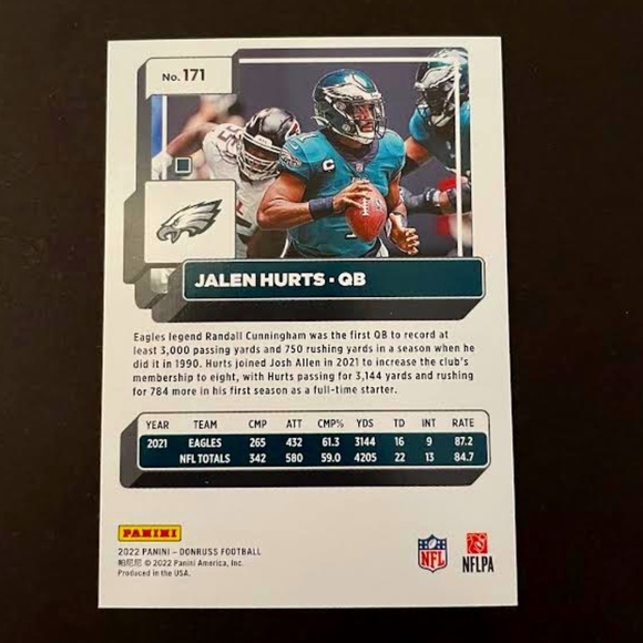 Jalen Hurts: Philadelphia Eagles, Quarterback 2022 Panini Donruss Football #171 - Picture 2 of 2
